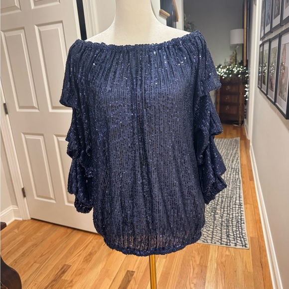 CECE Blue Sequin off shoulder Blouse - Picture 4 of 7